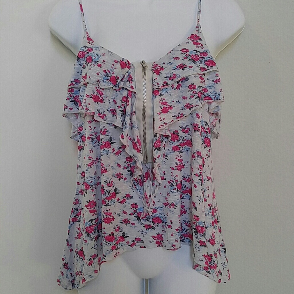Gray with pink floral ruffled tank top. Size M